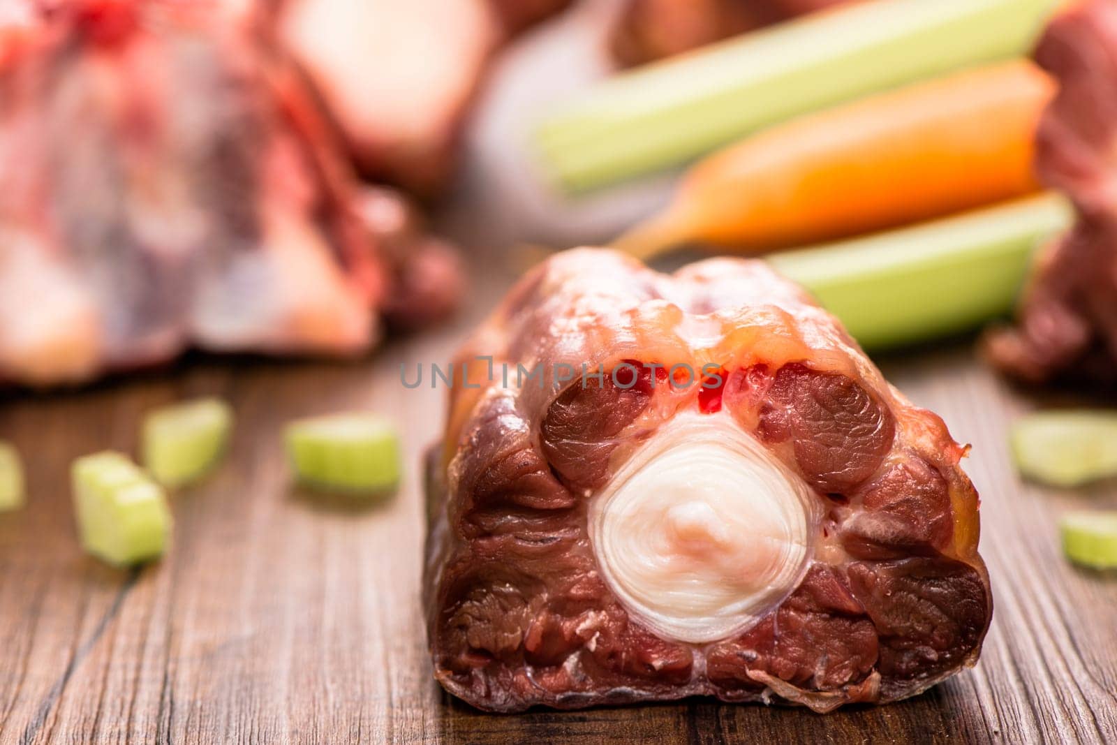 Close-up of a piece of meat from the oxtail raw