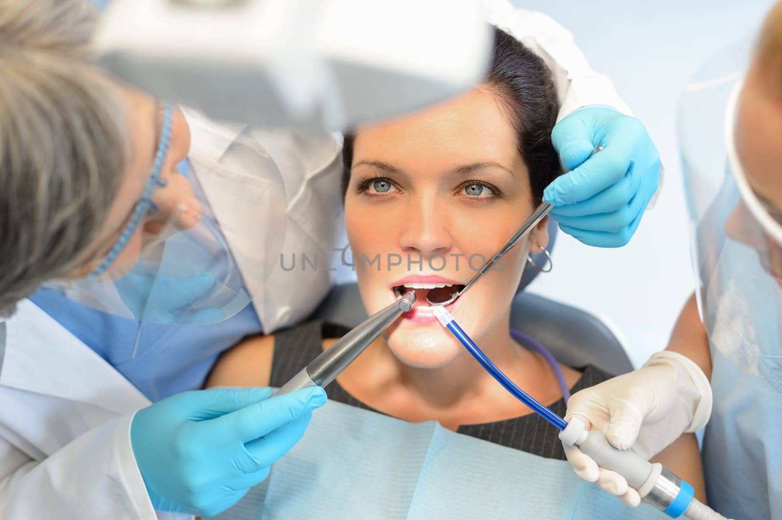 Healthy teeth woman patient at dentist office dental caries prevention