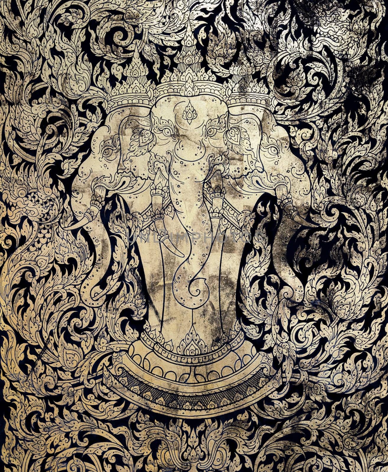 Ancient Thai gold leaf painting art of three head elephant