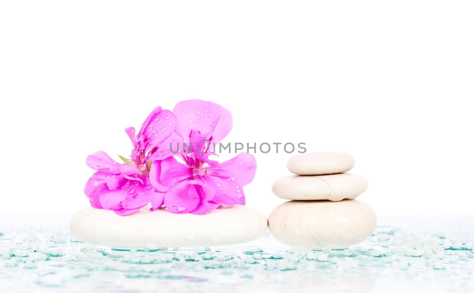 Spa stones and pink flower on white background