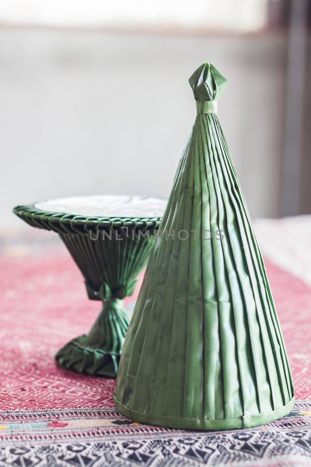 Handmade rituals cone from artificial banana leaf
