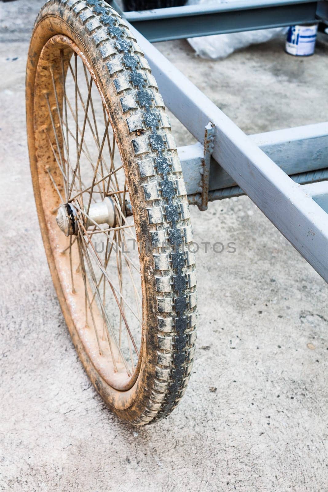 apart of trailer old tyre muddy after used