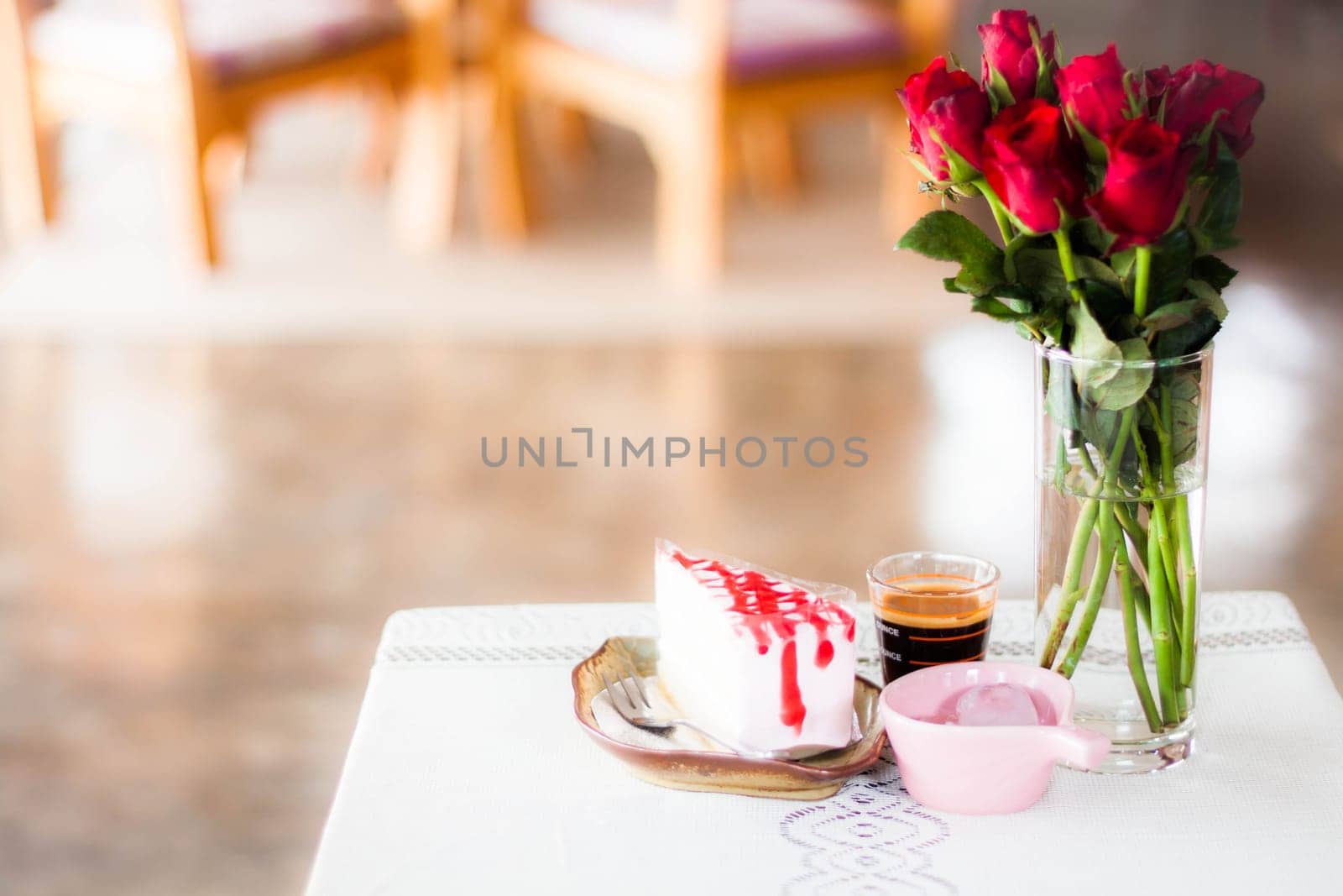 Single coffee espresso shot and homemade cake