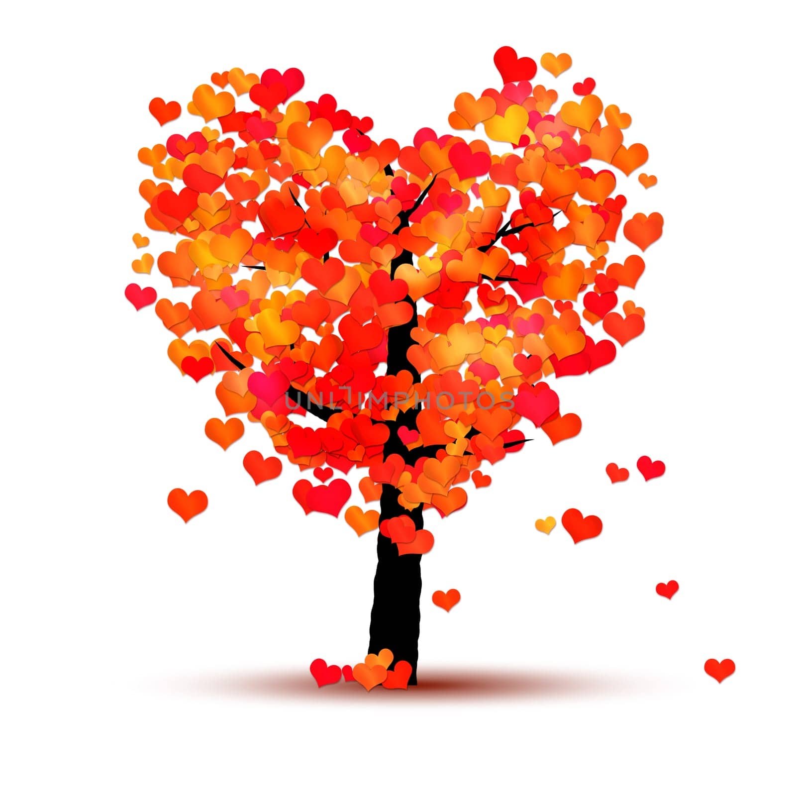 An image of a red tree with hearts as leaf