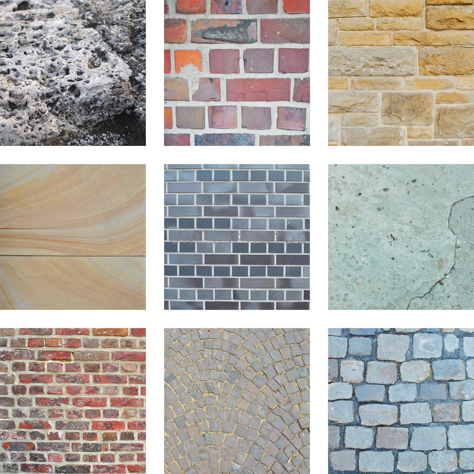 Nine pictures of stones and house walls
