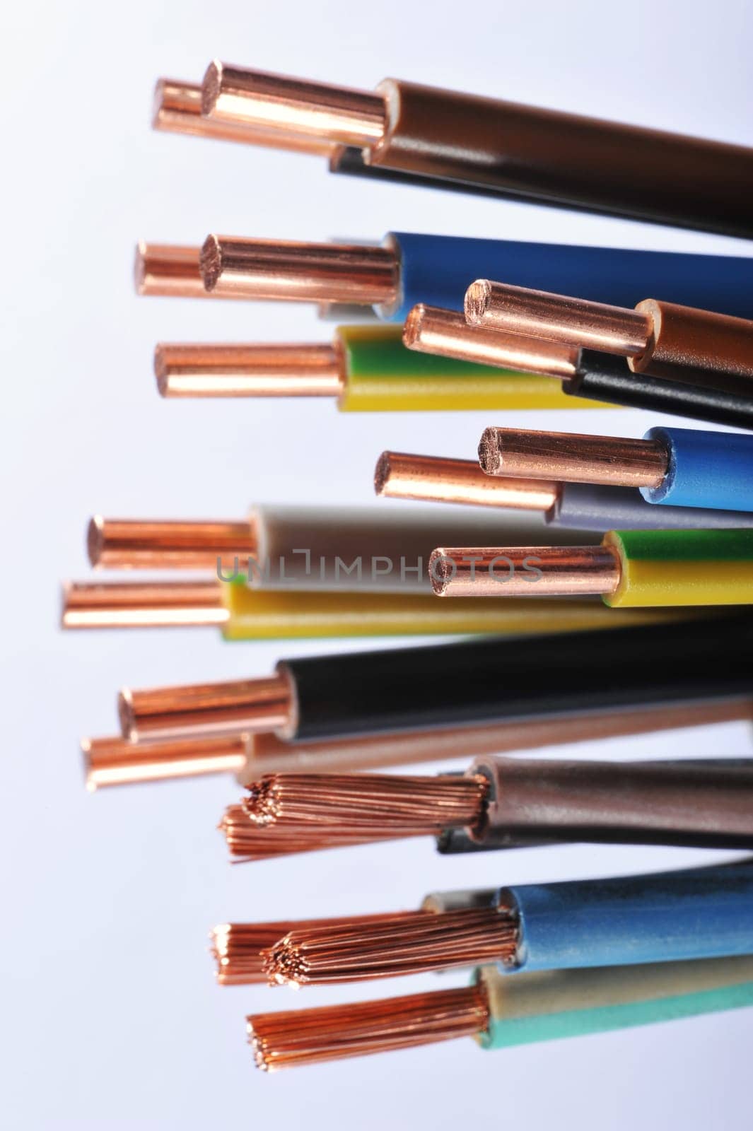 Macro detail of various stripped power cables