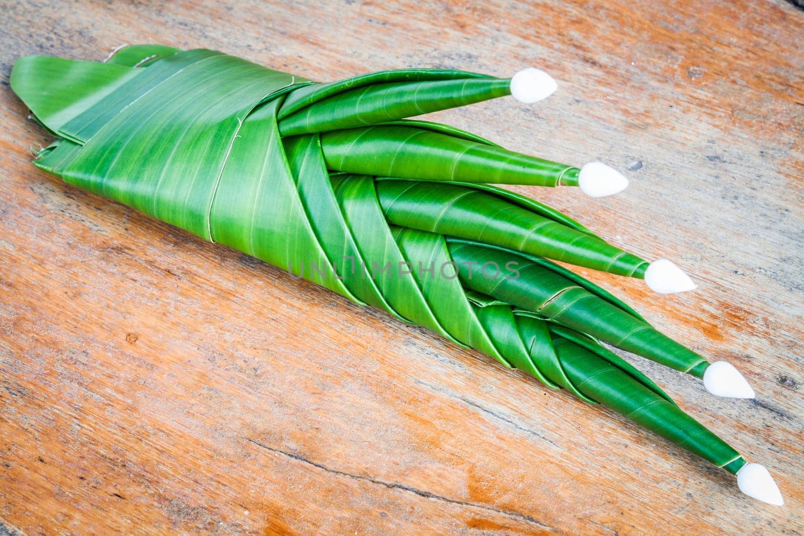Handmade banana leaf rice offering prepare for worship