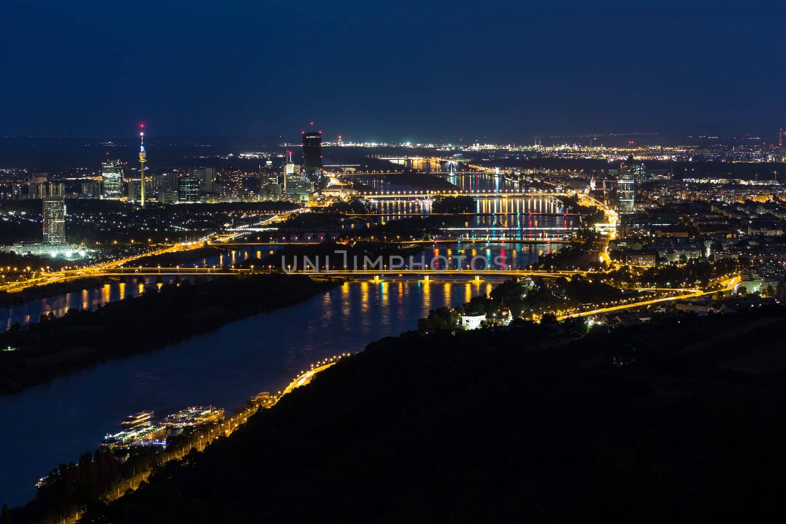Vienna,panorama at night,city with lighting and blue sky