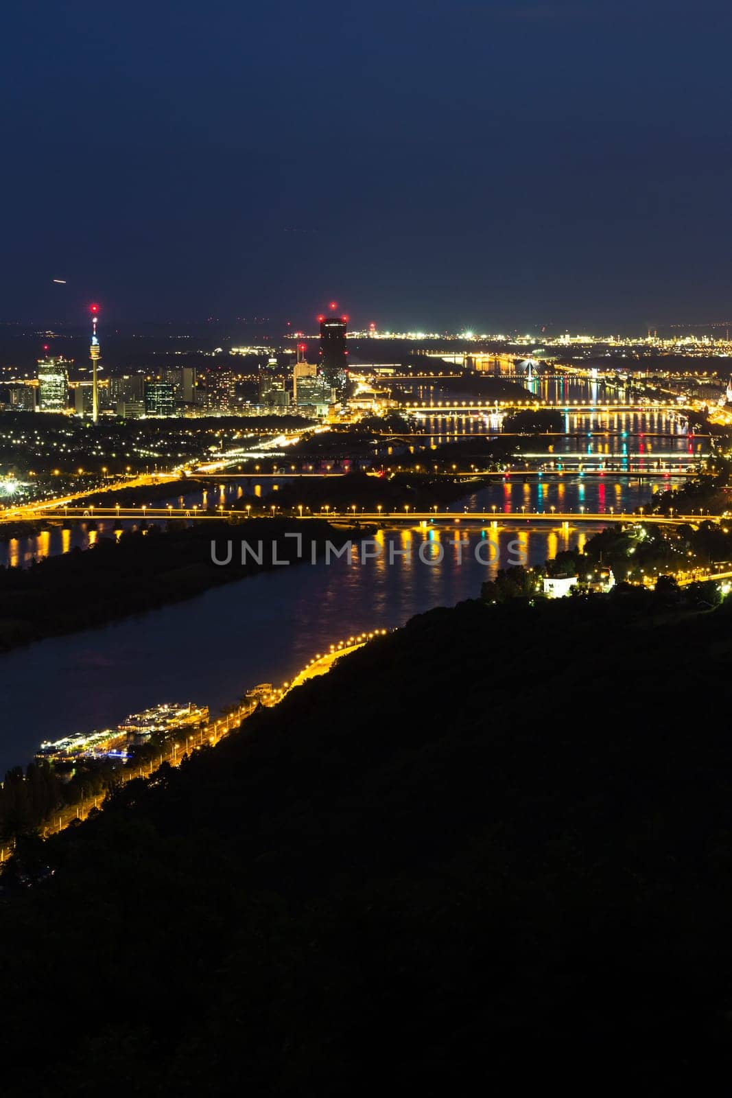 Vienna,panorama at night,city with lighting and blue sky