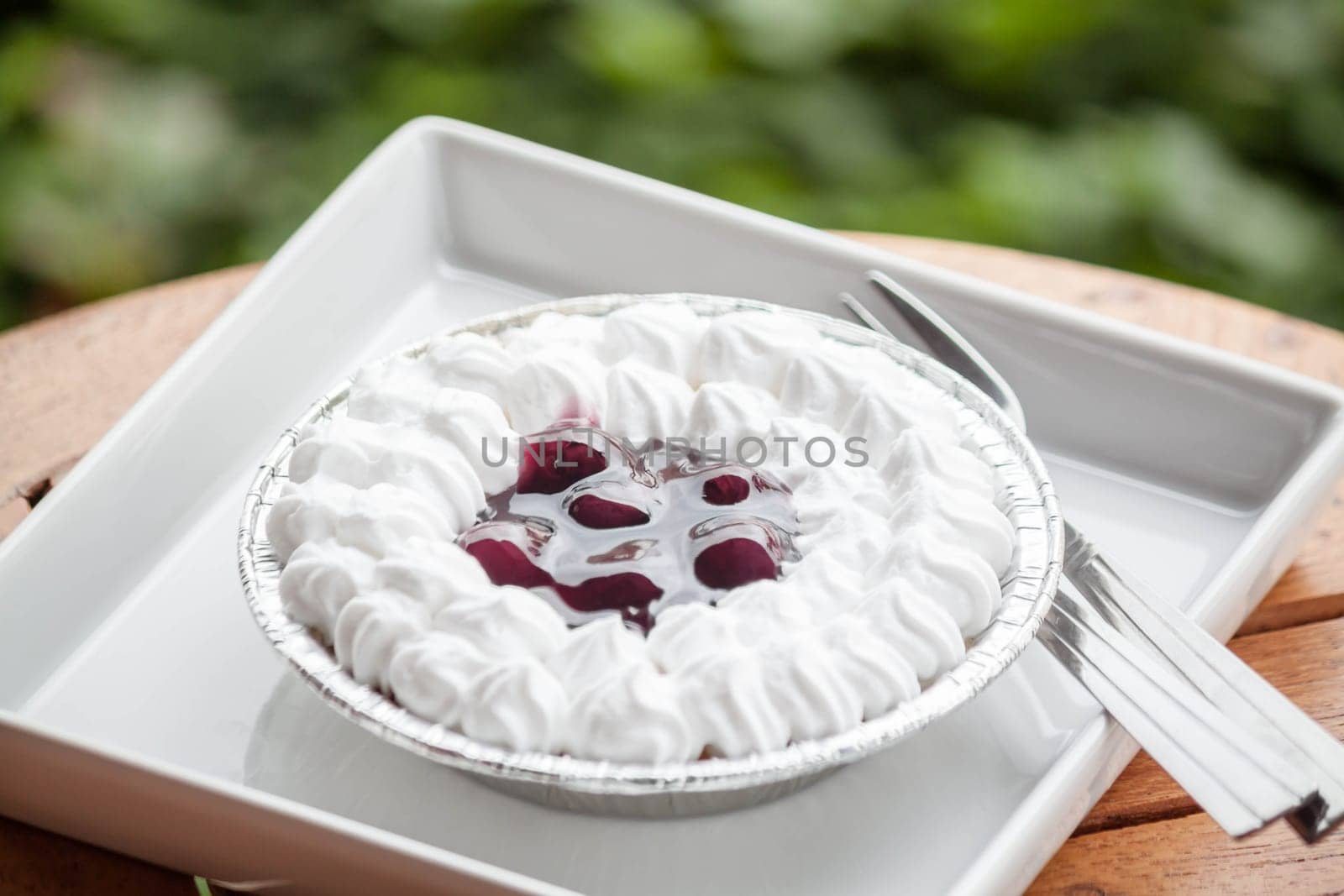 Delicious blueberries cheese cupcake on wood table