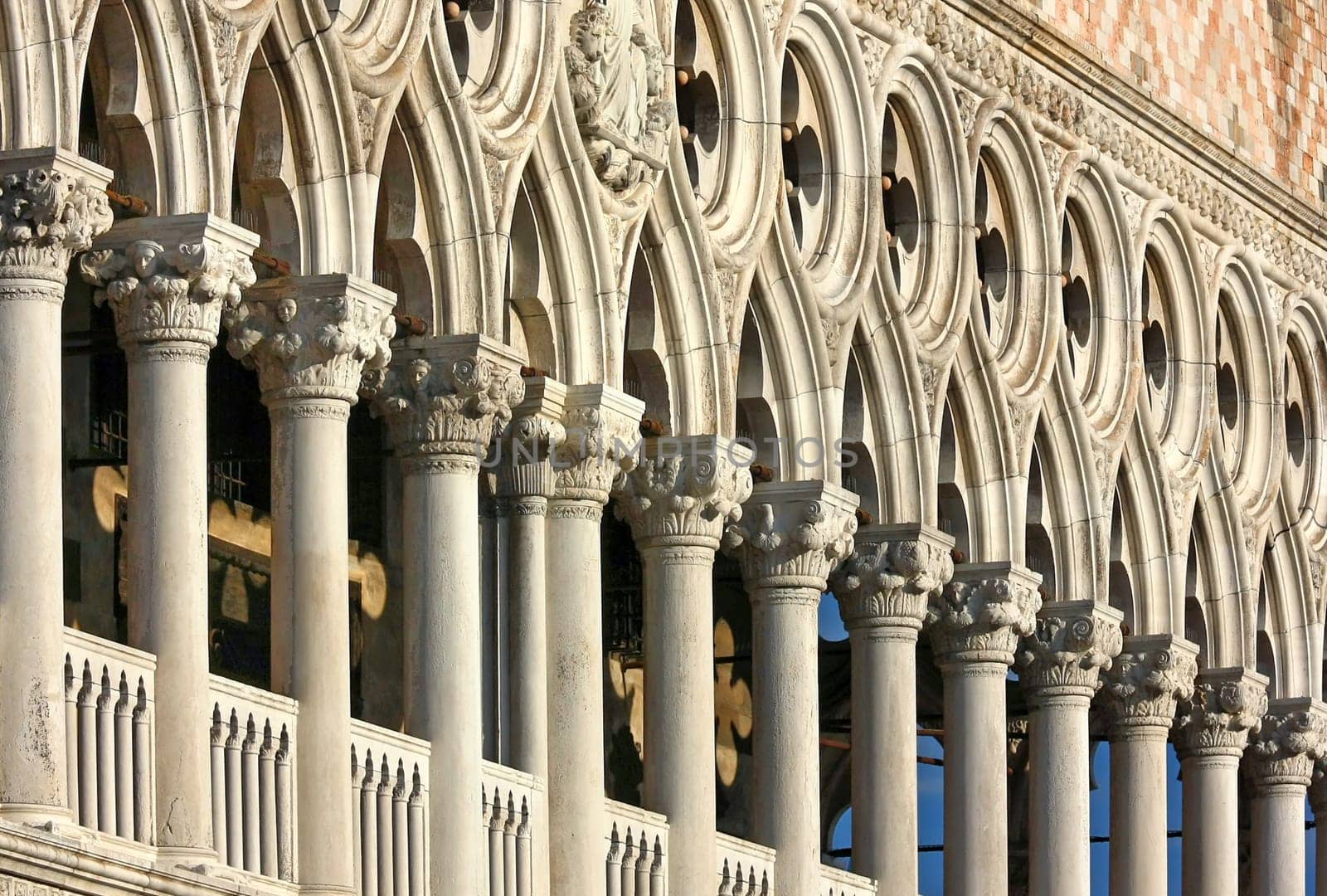 Close up view of the Doges Palace is a palace built in Venetian Gothic style. (Venice, Italy)