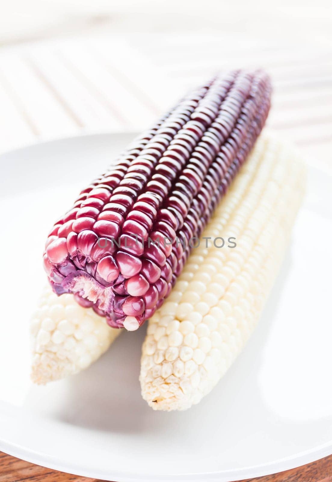 Violet and yellow corn cobs boiled serving on the table, stock photo