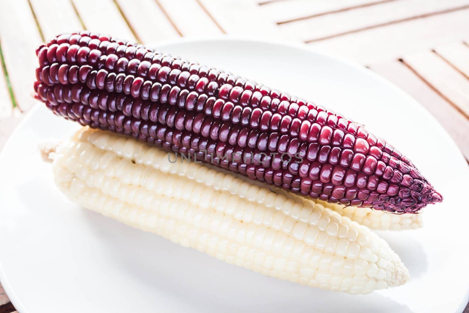 Violet and yellow corn cobs boiled on the plate, stock photo