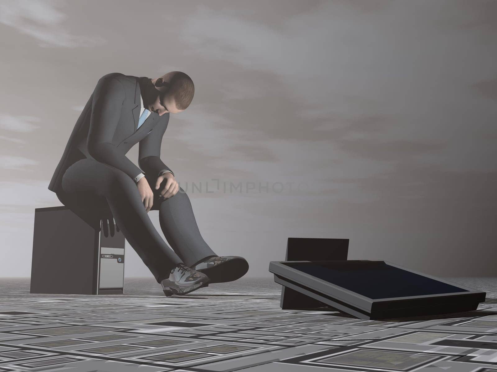 Businessman sitting on a computer looking exhausted in grey dark background