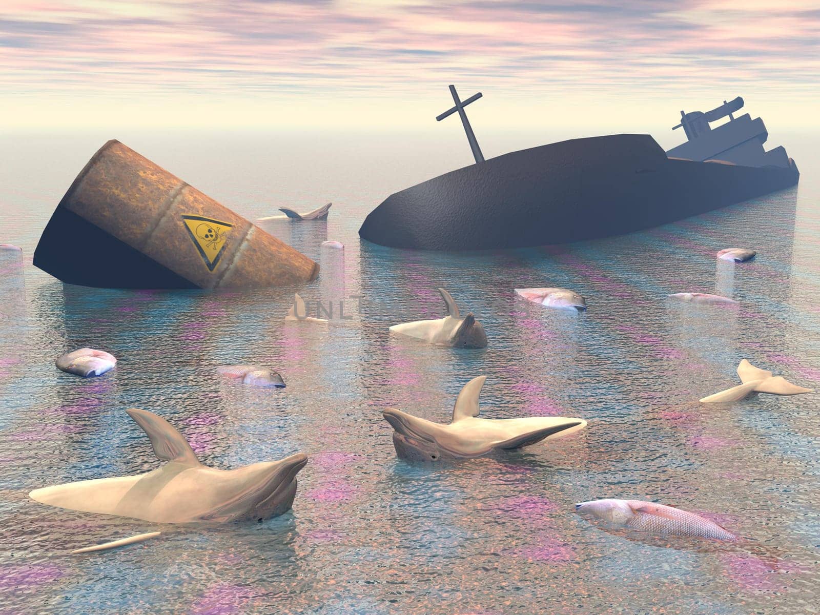 Tanker wreck, toxic barrel, many fishes and dolphins dead in the ocean