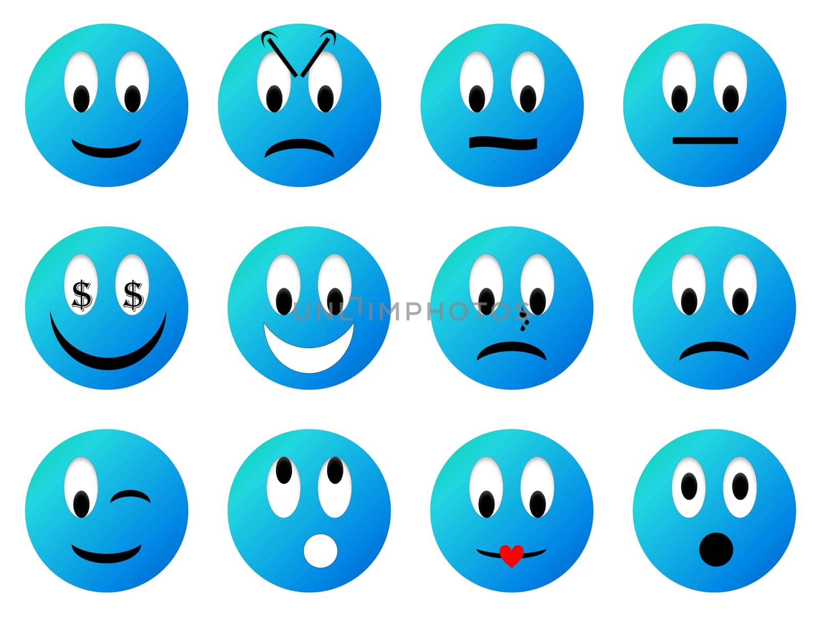 Set of blue smiley with different emotions in white background