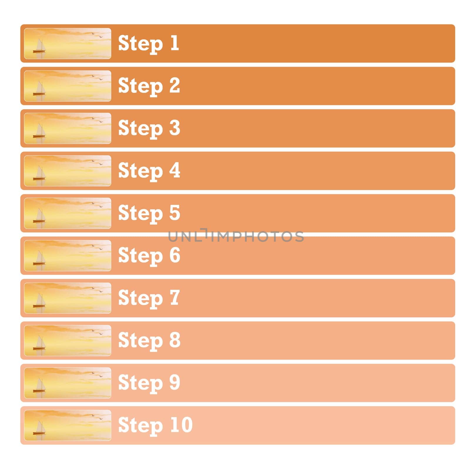 Business presentation diagram with ten steps and boat by sunset illustration and blank area to write description