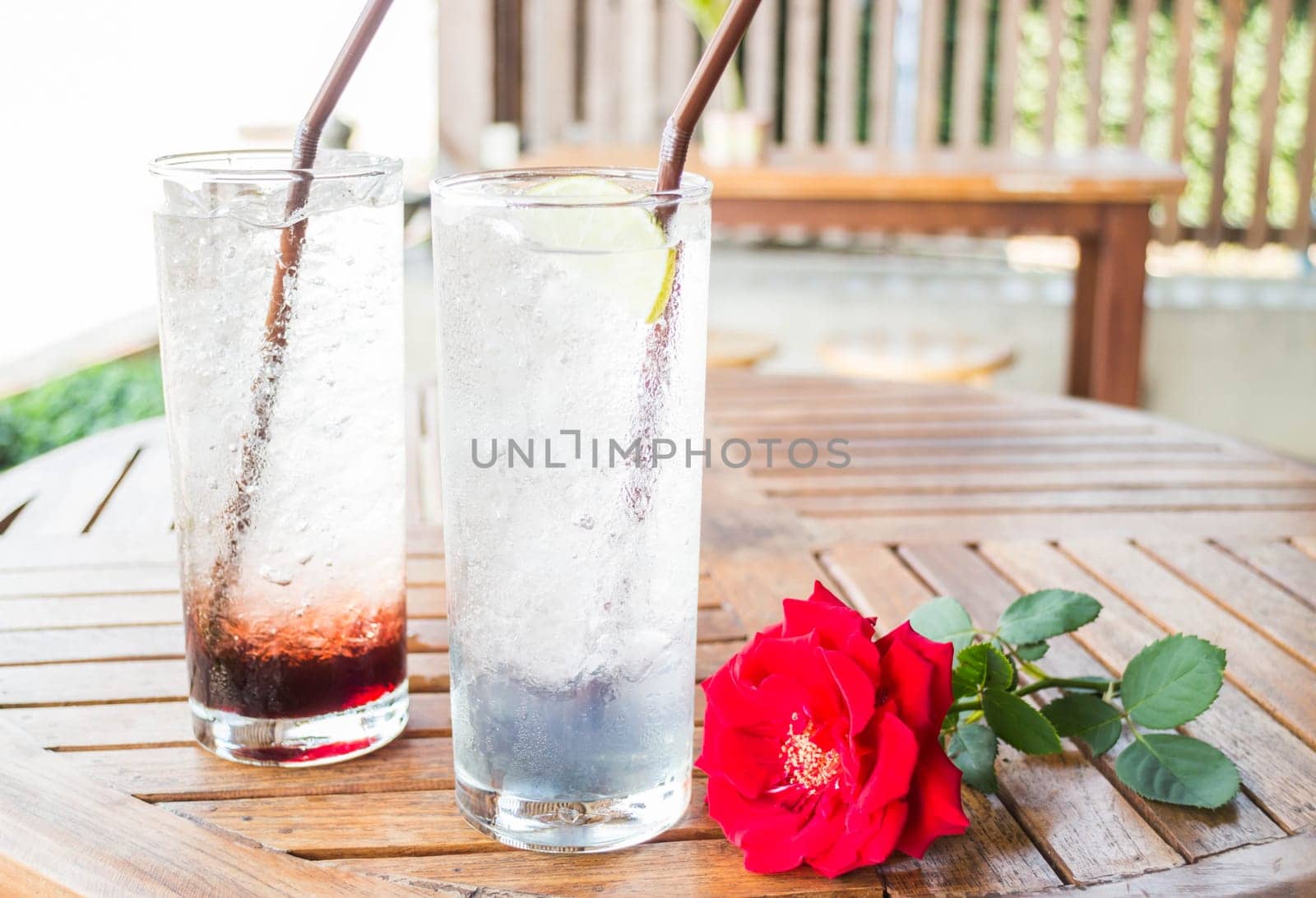 Healthy herb drinks serving on wood table, stock photo