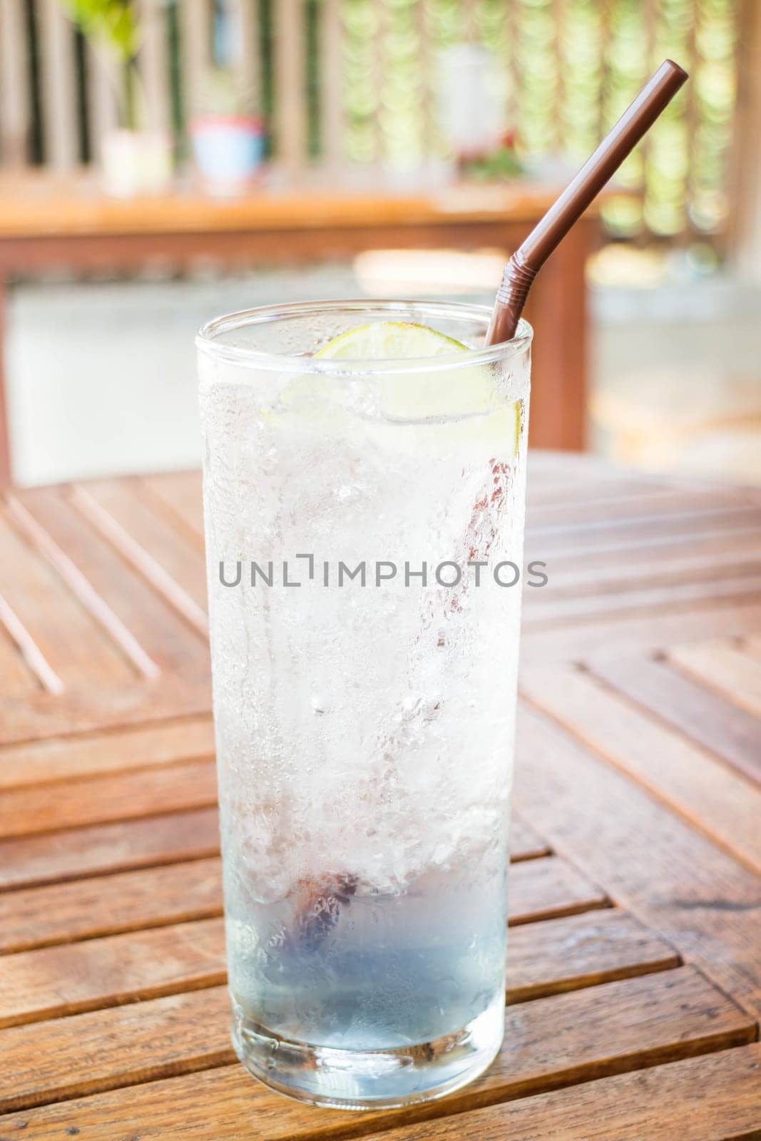 Healthy lemon juice and butterfly pea cold drink, stock photo