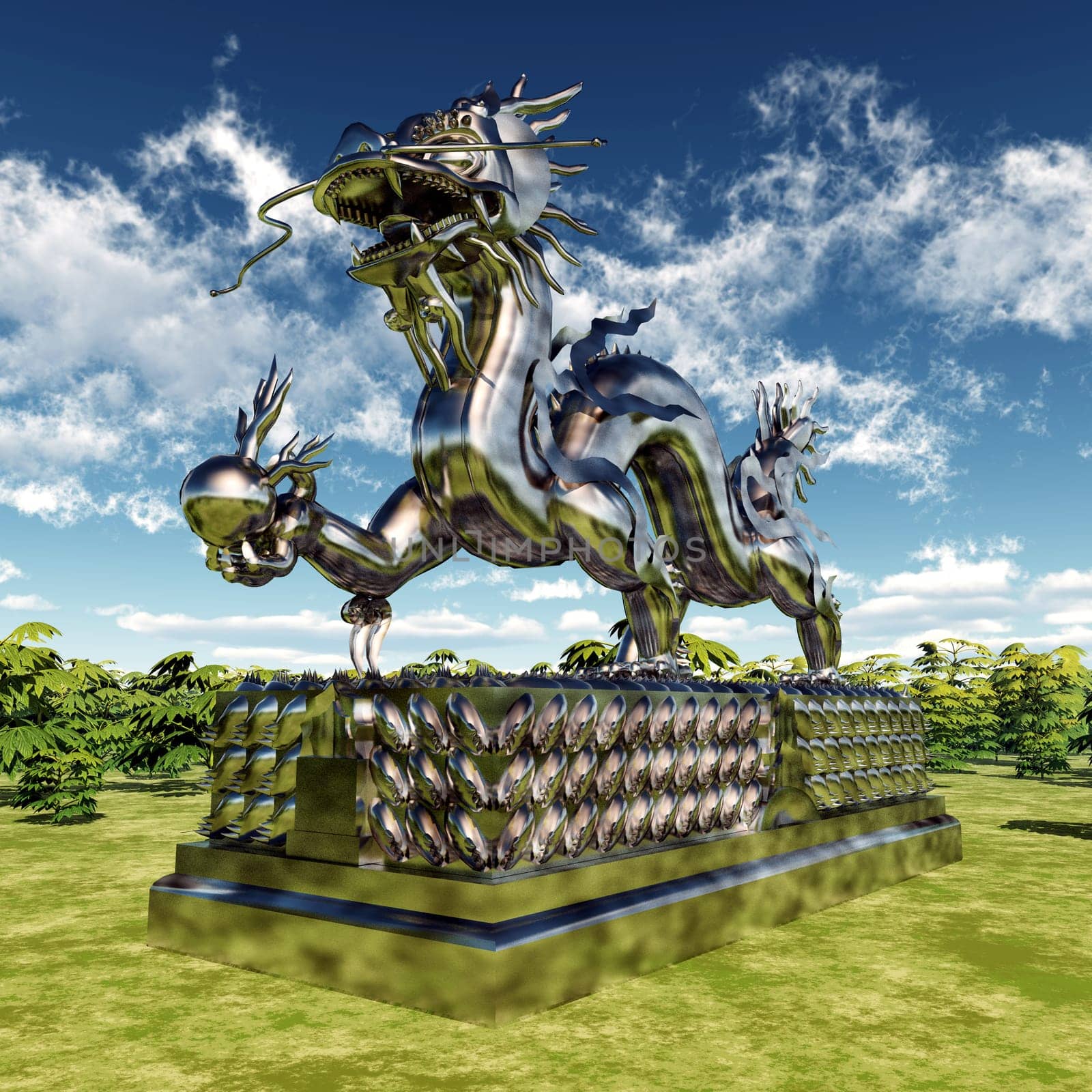 Computer-generated 3D illustration with a Chinese dragon statue