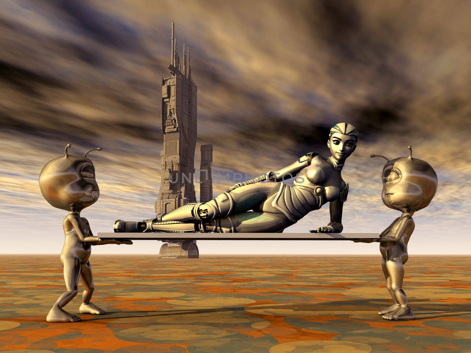 Computer-generated 3D illustration with extraterrestrial life on an unknown planet