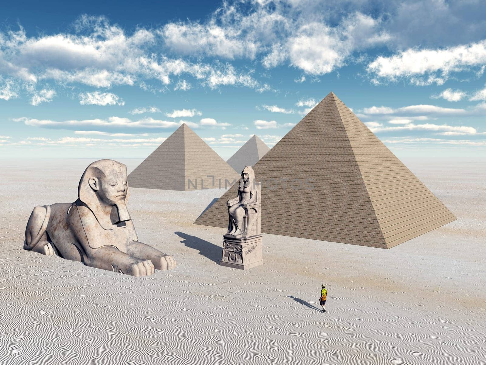Computer-generated 3D illustration with Egyptian pyramids and statues