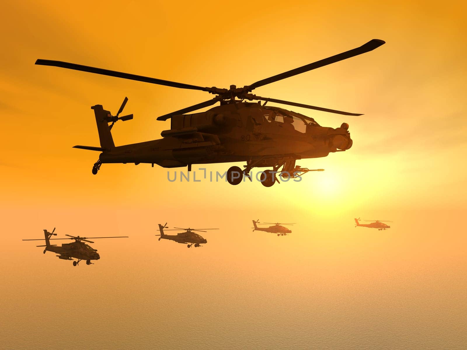 Computer-generated 3D illustration with Apache helicopters at sunset