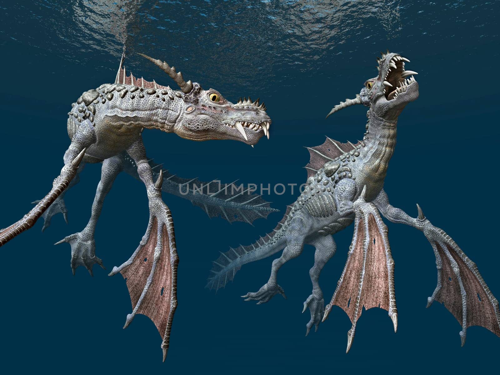 Computer-generated 3D illustration with a water dragon