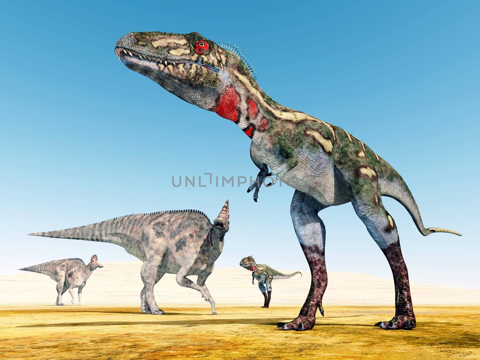 Computer-generated 3D illustration with the dinosaurs Corythosaurus and Nanotyrannus