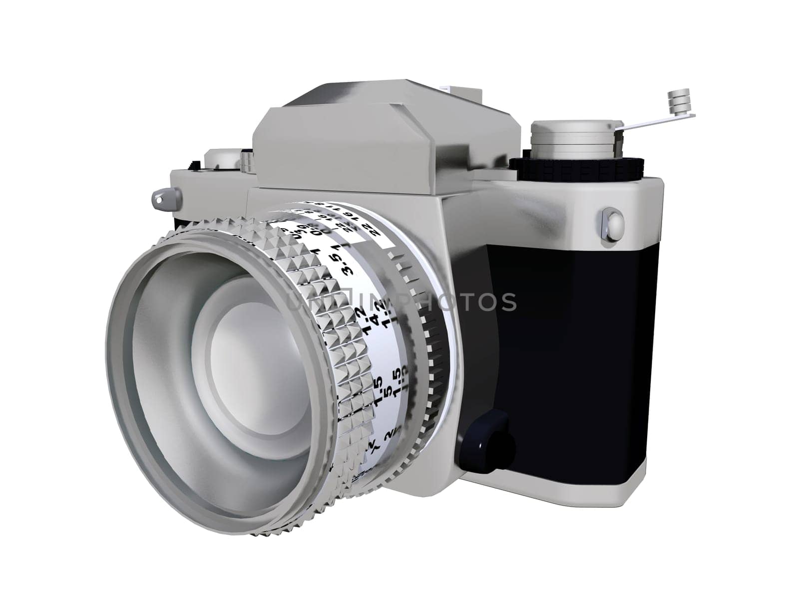Computer-generated 3D illustration with a 35 mm camera isolated on white background