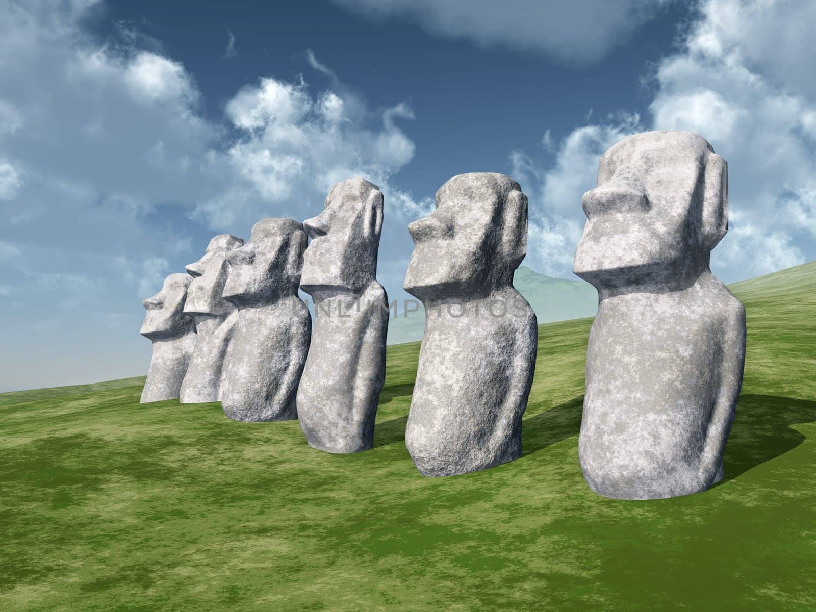 Computer-generated 3D Illustration with Moai Statues