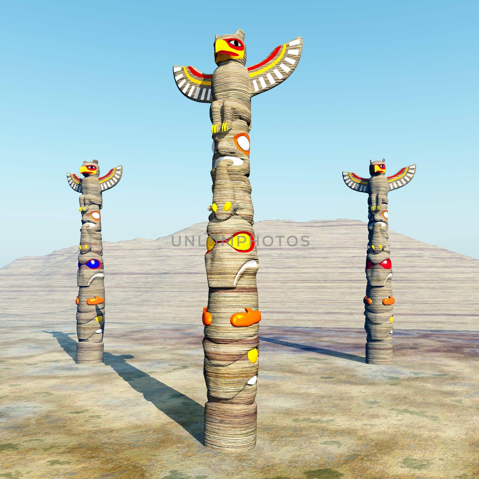 Computer-generated 3D illustration with three totem poles