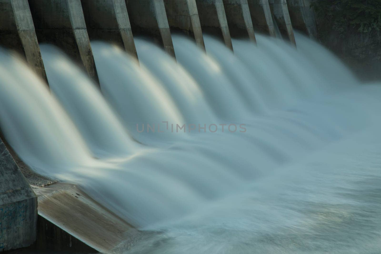 Full time exposure of the spillway on the Kananaskis hydroelectric dam on the Bow River, Alberta, Canada