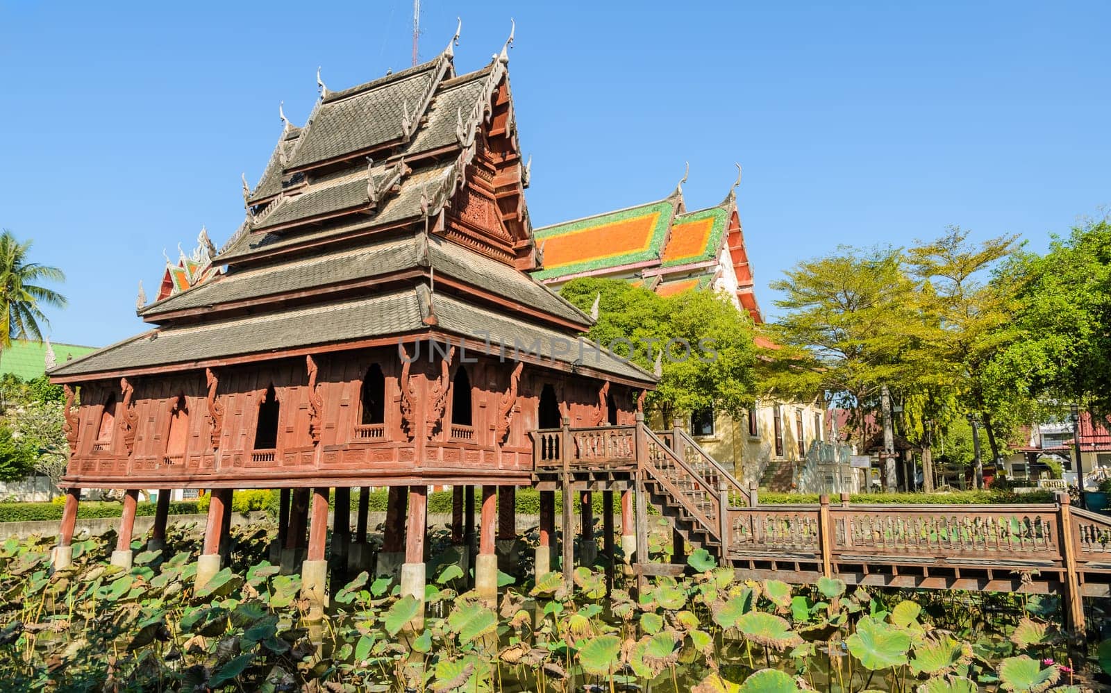 Thai wooden temple of Wat Thung Si Muang in Ubon Ratchathani, Thailand