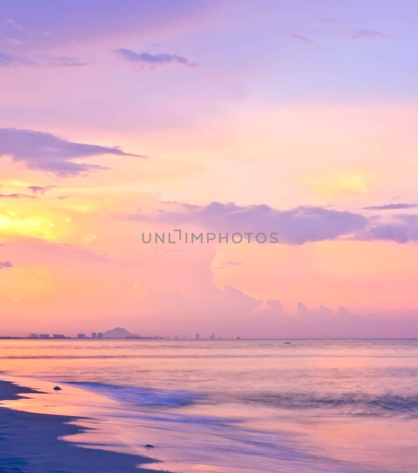 Beautiful violet sky beach sunset.