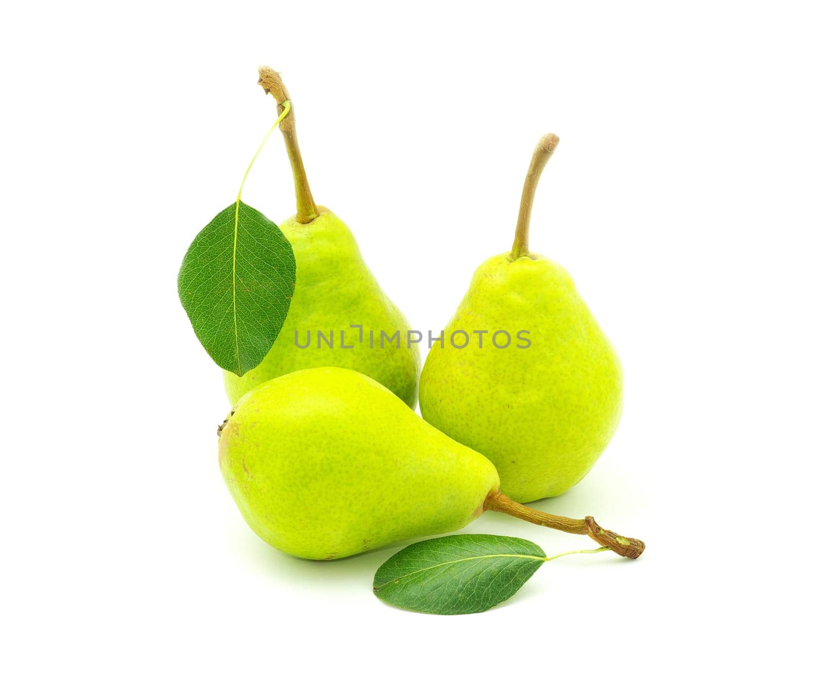 ripe fresh green pear with leaf isolated on white