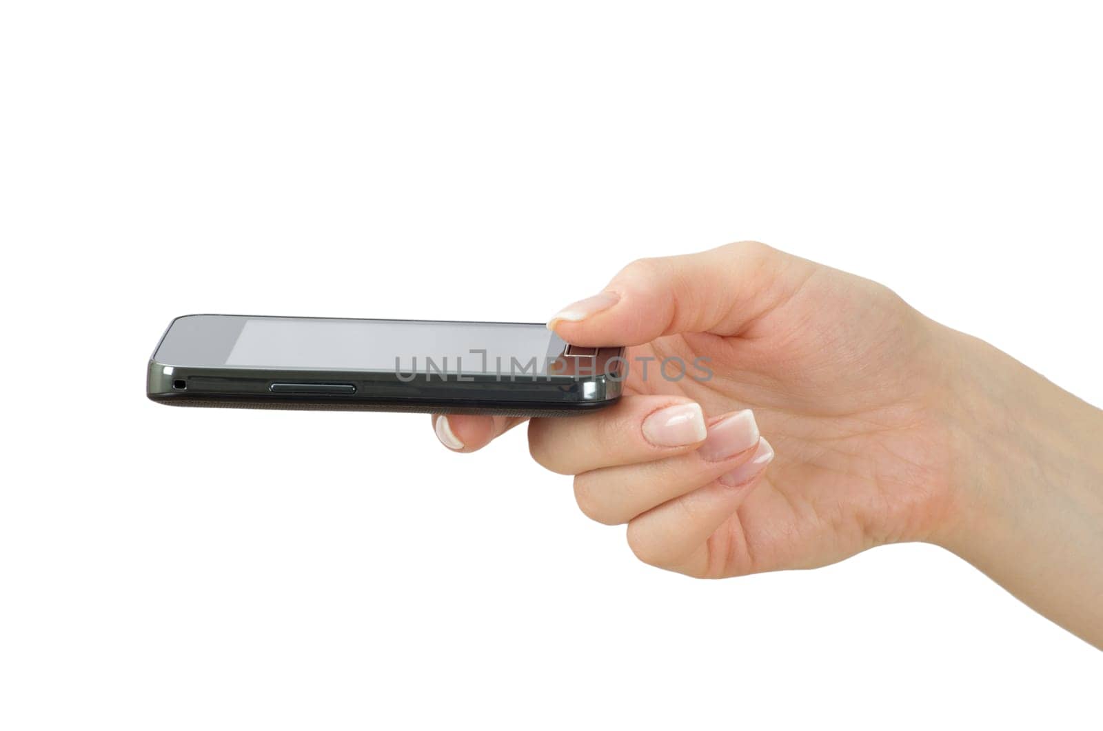 Hand holding mobile isolated on white