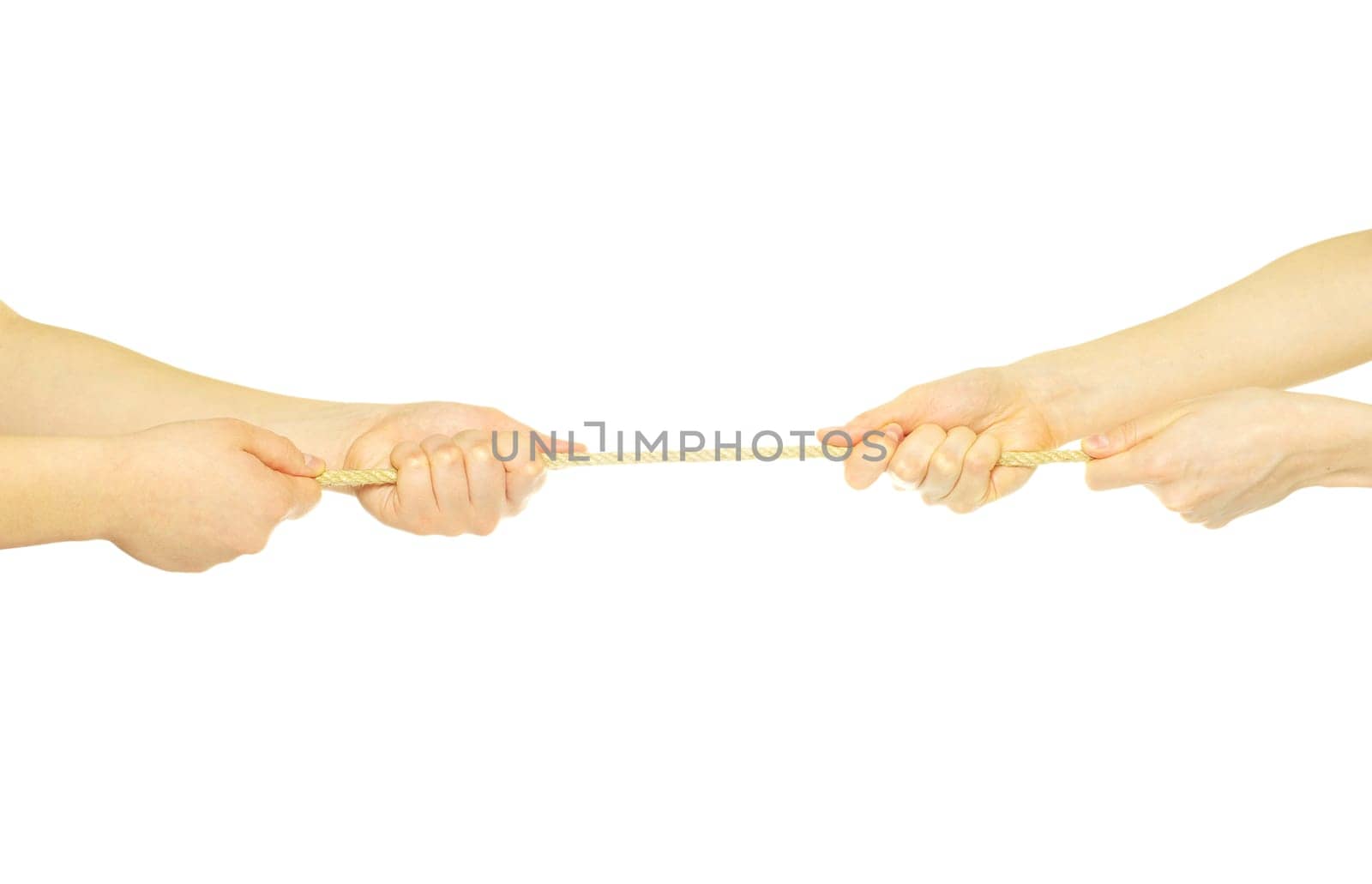 Hands and rope isolated on white background