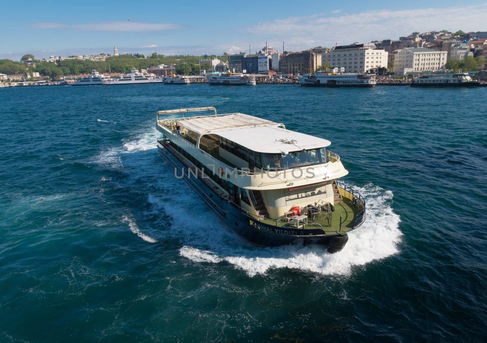 Ferry boat at the golden horn, a horn-shaped estuary, and a major urban waterway. It is also the primary inlet of the Bosphorus.