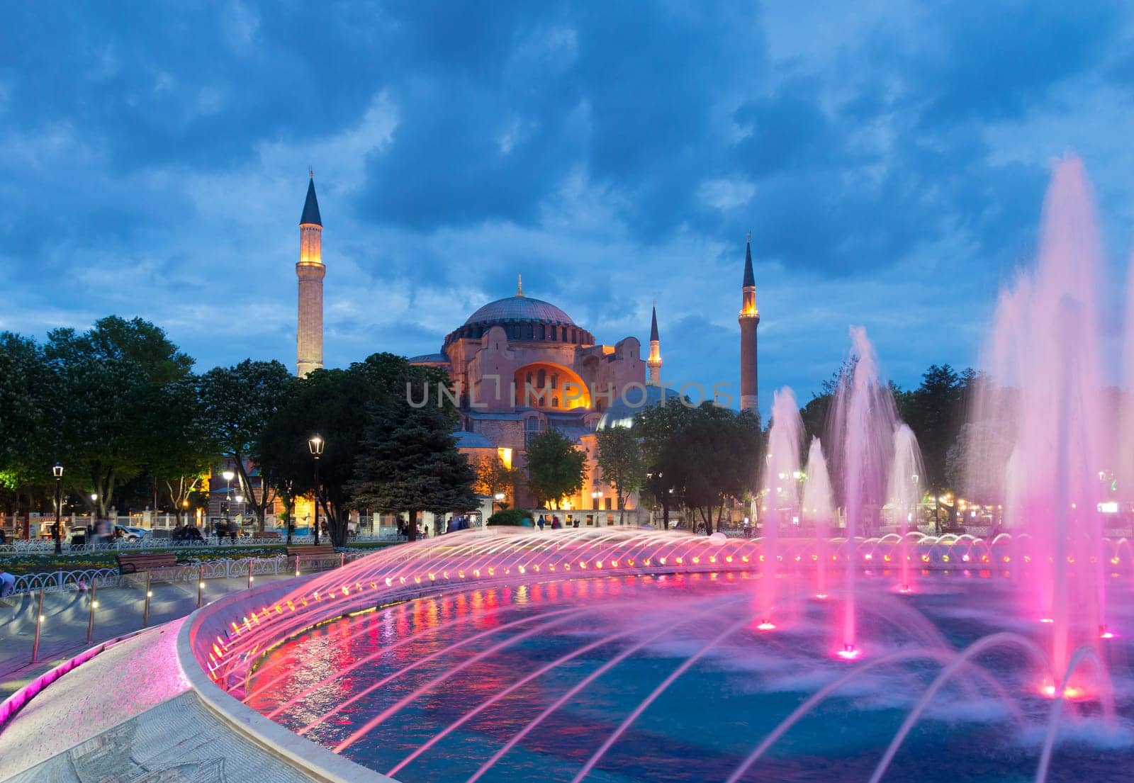 colorful fountain in front of the hagia sofia mosque in istanbul. The building is on the World Heritage List of UNESCO, and nowadays in use as a museum