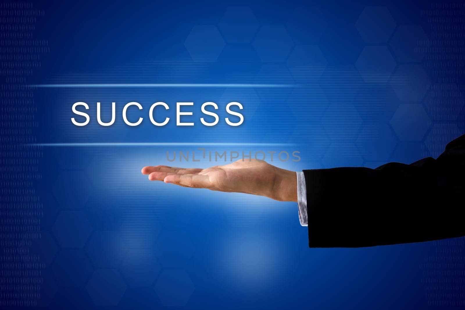 success button with business hand on a touch screen interface