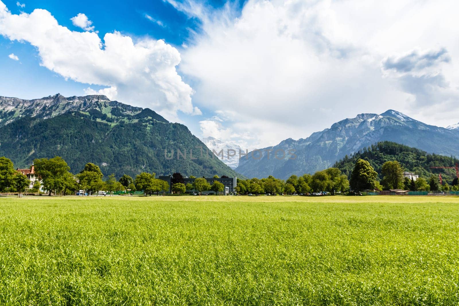 Scenic mountain landscape with blue sky in Interlaken, Switzerland