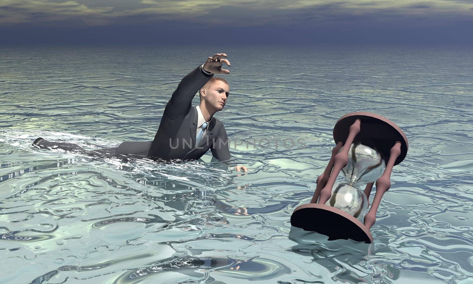 Businessman and hourglass sinking in the water by grey cloudy day
