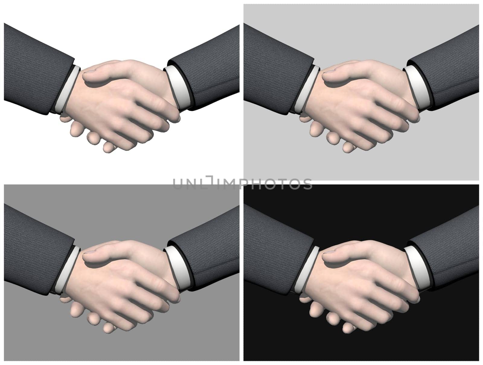 Set of four white to black businessman handshake