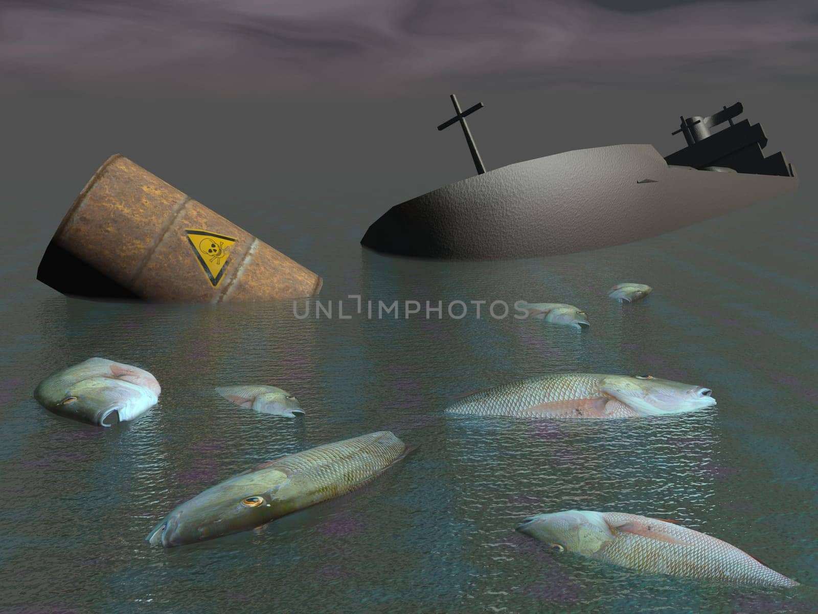Tanker wreck, toxic barrel, many fishes and dolphins dead in the ocean by night