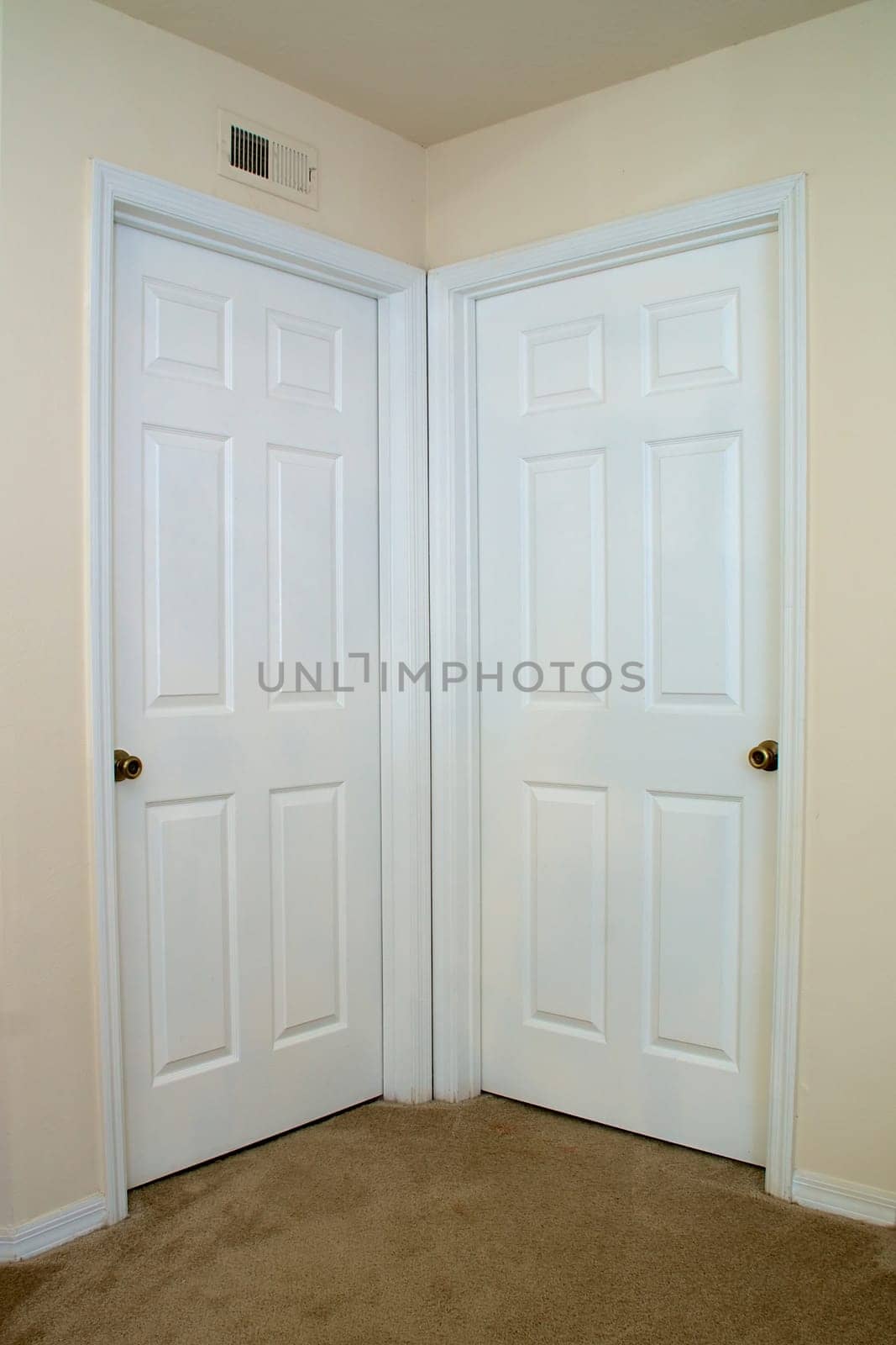 View of two white interior doors closed in carpeted room.