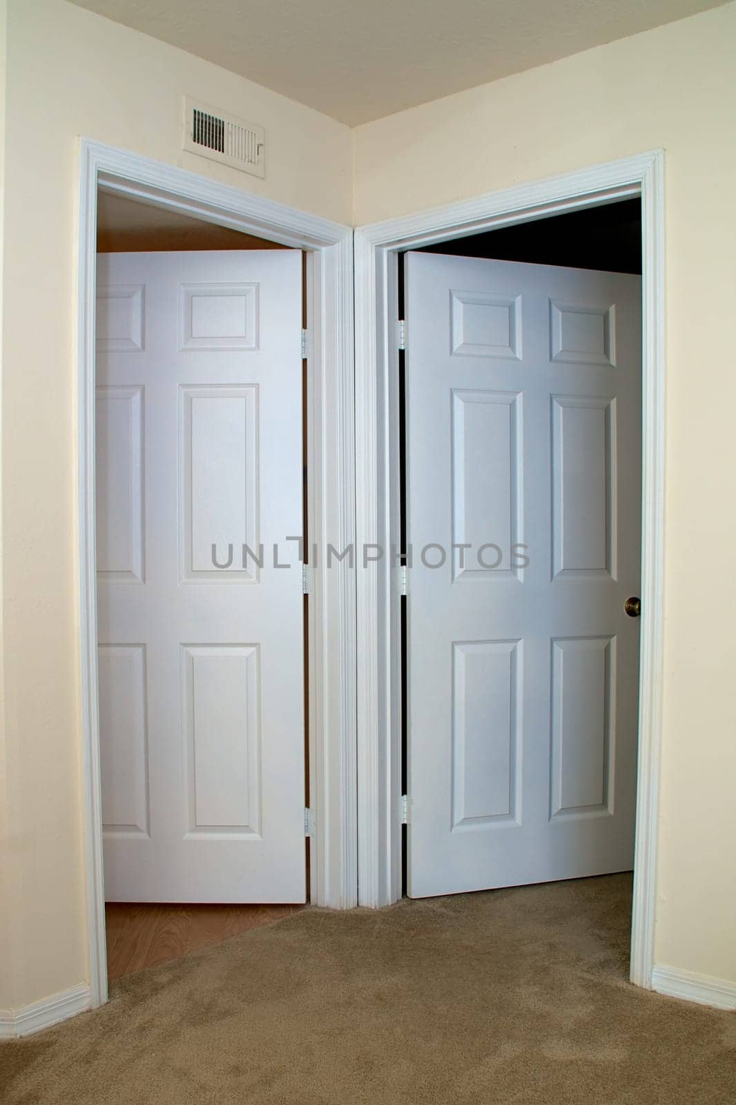 View of two white interior doors both are open in carpeted room.