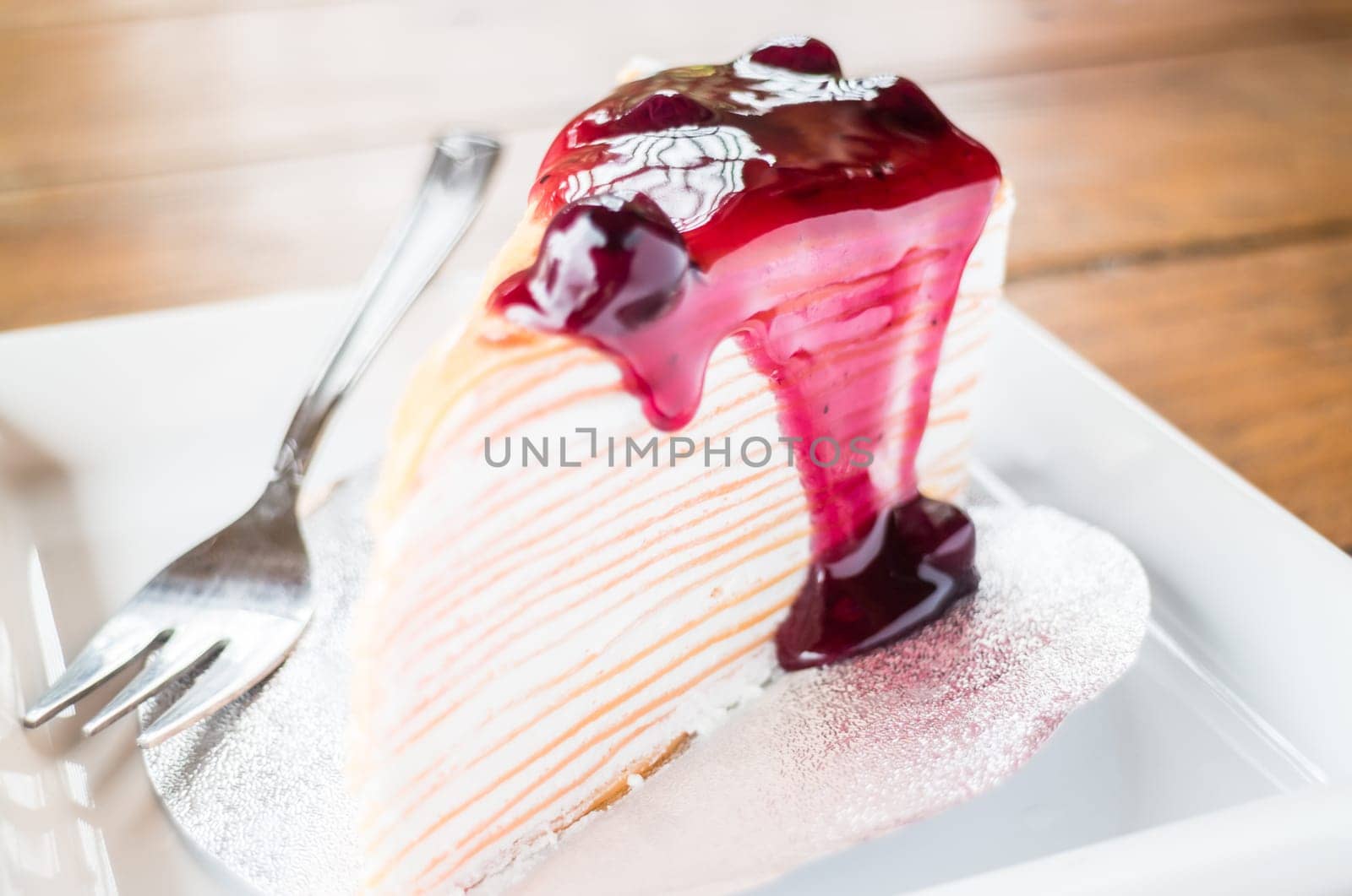 Homemade bakery blueberry crepe cake, stock photo