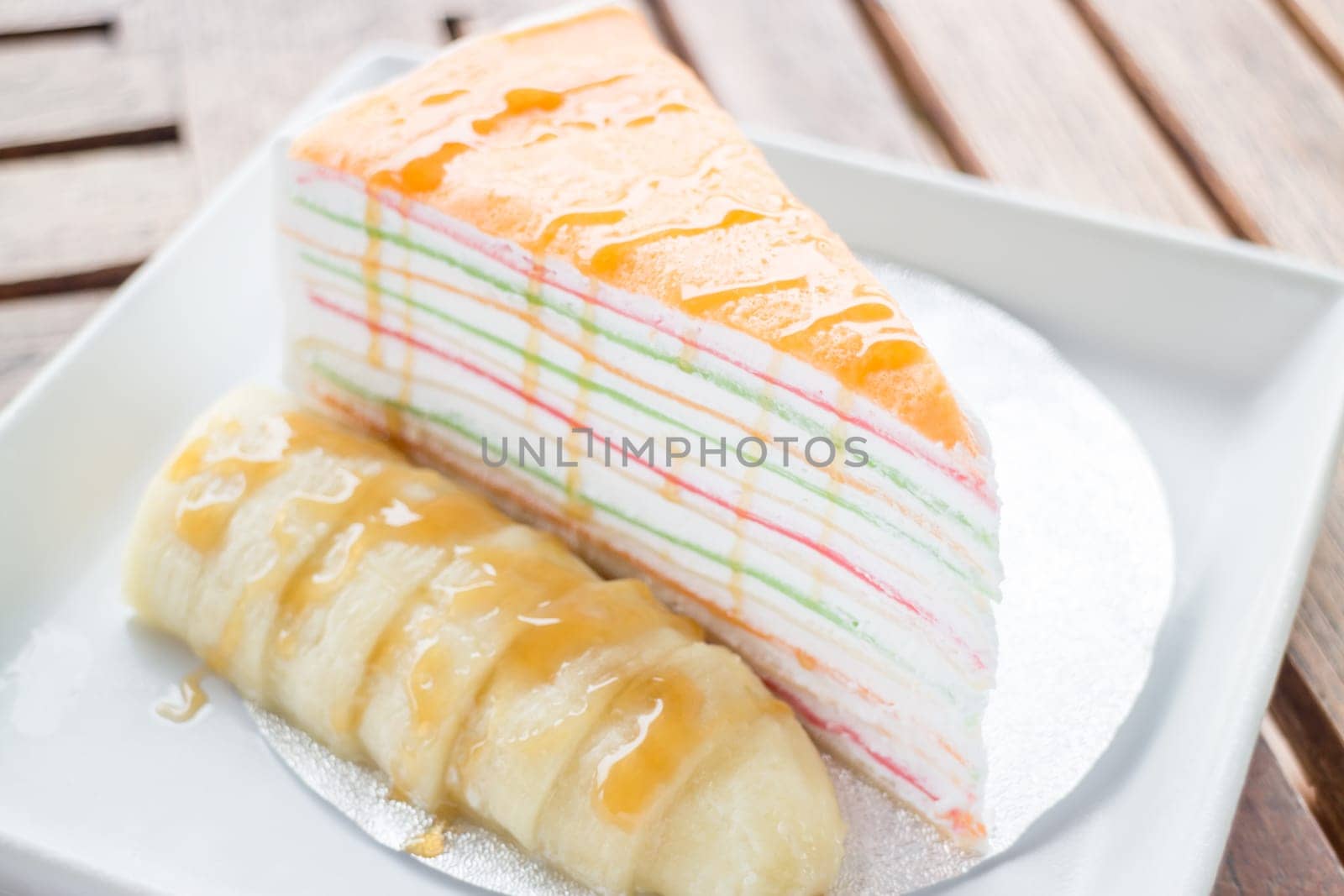Banana caramel crepe cake up close, stock photo