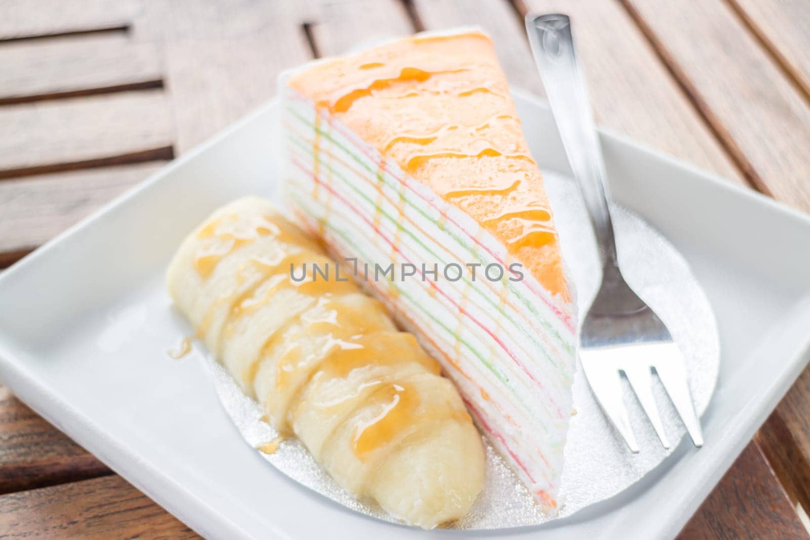 Delicious banana caramel crepe cake, stock photo